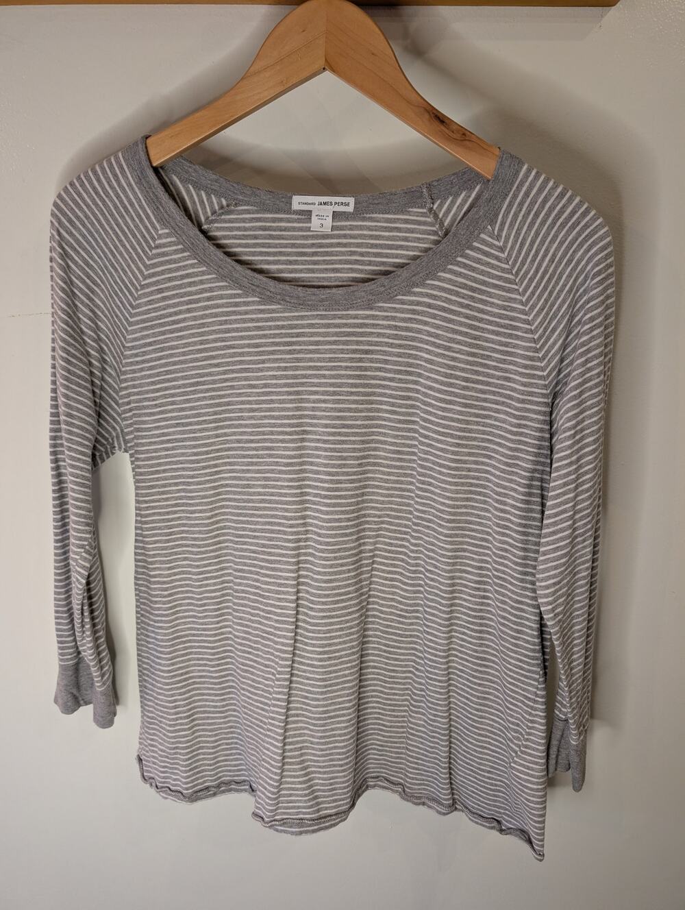 James Perse Standard Gray White Stripe Raglan Tee 100% Cotton Size 3 (L)